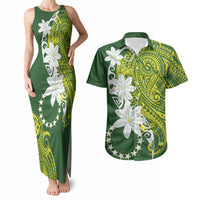 Cook Islands Maori Language Week Couples Matching Tank Maxi Dress and Hawaiian Shirt Tiare Maori Kuki Airani Green Pattern