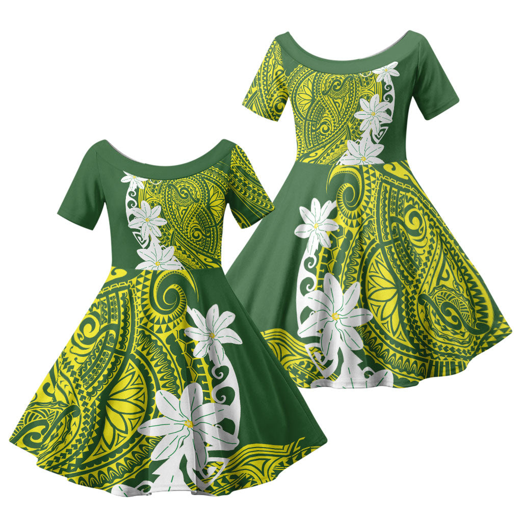 Cook Islands Maori Language Week Family Matching Long Sleeve Bodycon Dress and Hawaiian Shirt Tiare Maori Kuki Airani Green Pattern