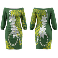 Cook Islands Maori Language Week Family Matching Off The Shoulder Long Sleeve Dress and Hawaiian Shirt Tiare Maori Kuki Airani Green Pattern