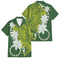 Cook Islands Maori Language Week Family Matching Off The Shoulder Long Sleeve Dress and Hawaiian Shirt Tiare Maori Kuki Airani Green Pattern