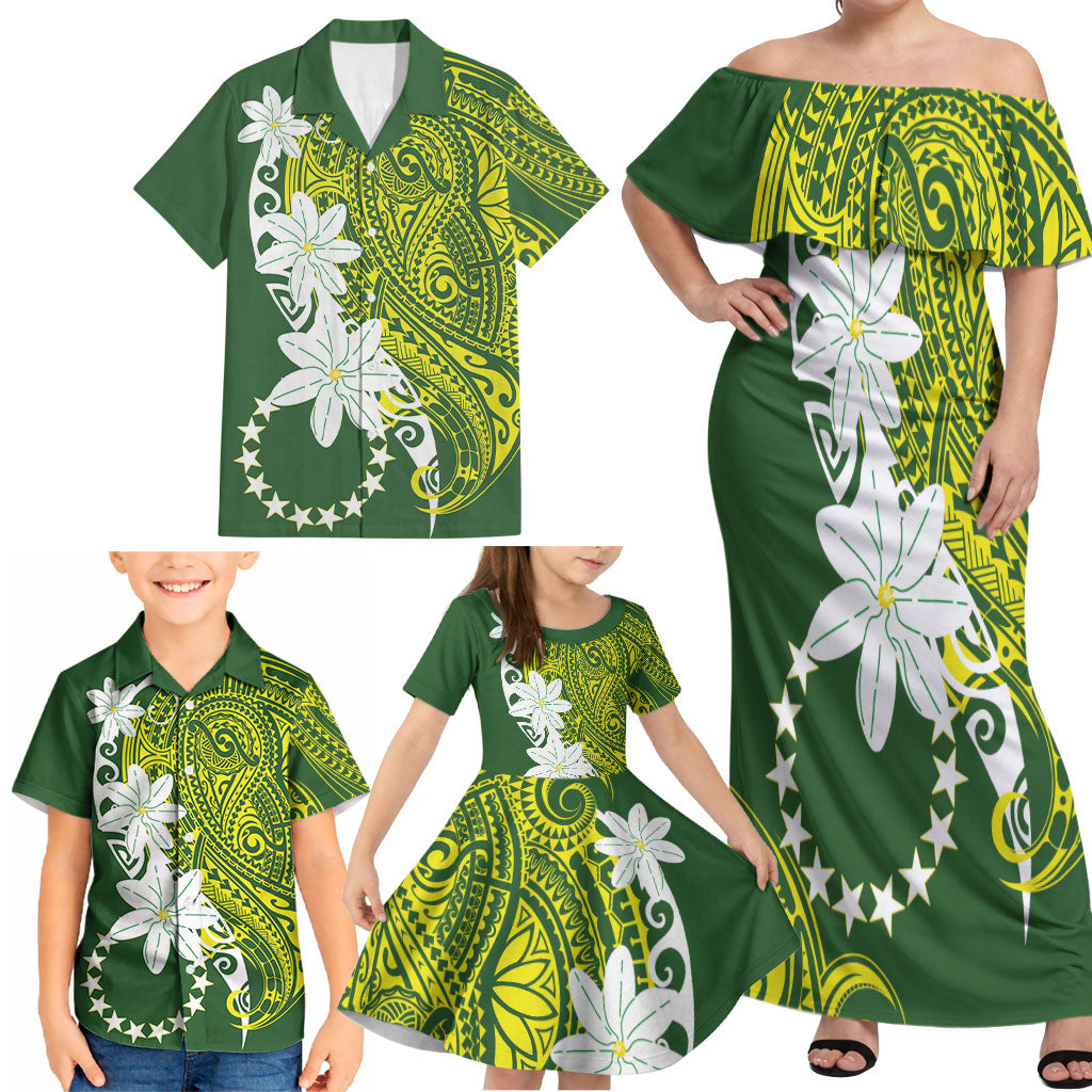 Cook Islands Maori Language Week Family Matching Off Shoulder Maxi Dress and Hawaiian Shirt Tiare Maori Kuki Airani Green Pattern