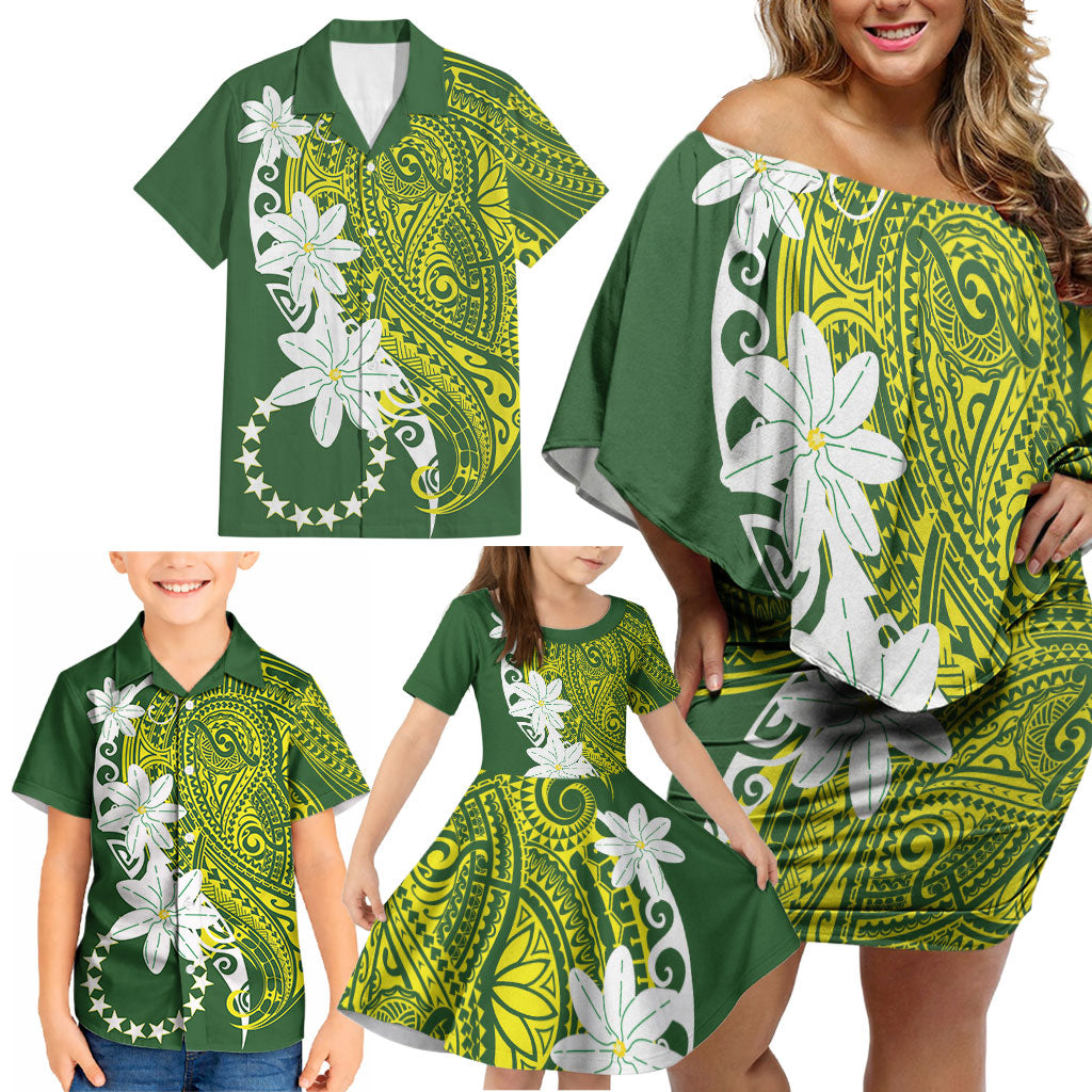 Cook Islands Maori Language Week Family Matching Off Shoulder Short Dress and Hawaiian Shirt Tiare Maori Kuki Airani Green Pattern