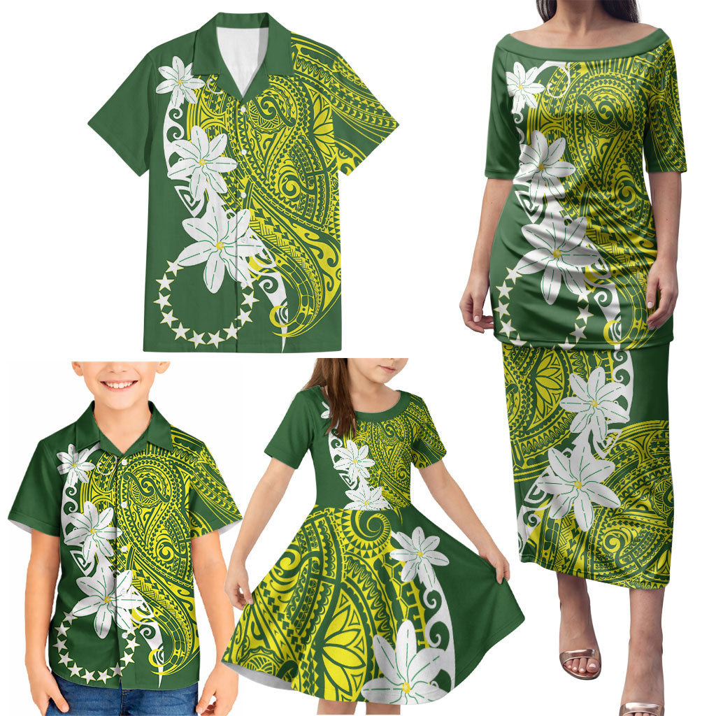 Cook Islands Maori Language Week Family Matching Puletasi and Hawaiian Shirt Tiare Maori Kuki Airani Green Pattern
