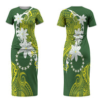 Cook Islands Maori Language Week Family Matching Short Sleeve Bodycon Dress and Hawaiian Shirt Tiare Maori Kuki Airani Green Pattern