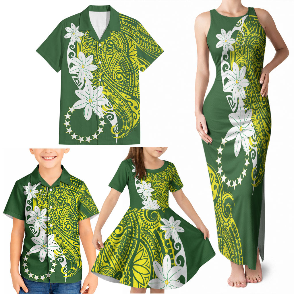 Cook Islands Maori Language Week Family Matching Tank Maxi Dress and Hawaiian Shirt Tiare Maori Kuki Airani Green Pattern