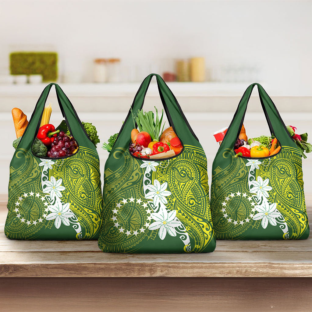 Cook Islands Maori Language Week Grocery Bag Tiare Maori Kuki Airani Green Pattern