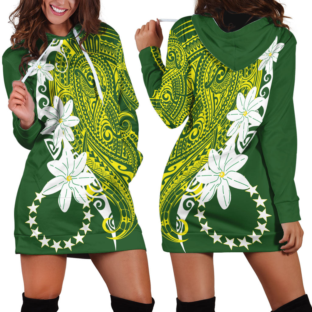 Cook Islands Maori Language Week Hoodie Dress Tiare Maori Kuki Airani Green Pattern LT22 - Polynesian Pride