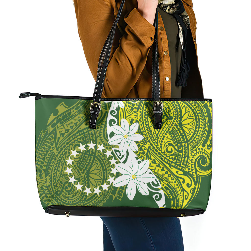 Cook Islands Maori Language Week Leather Tote Bag Tiare Maori Kuki Airani Green Pattern