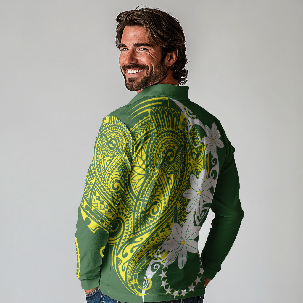 Cook Islands Maori Language Week Long Sleeve Polo Shirt Tiare Maori Kuki Airani Green Pattern