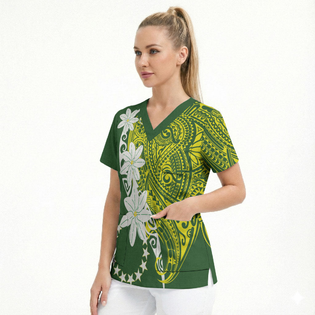 Cook Islands Maori Language Week Scrub Top Tiare Maori Kuki Airani Green Pattern