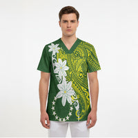 Cook Islands Maori Language Week Scrub Top Tiare Maori Kuki Airani Green Pattern