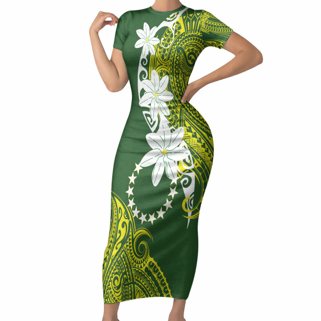 Cook Islands Maori Language Week Short Sleeve Bodycon Dress Tiare Maori Kuki Airani Green Pattern