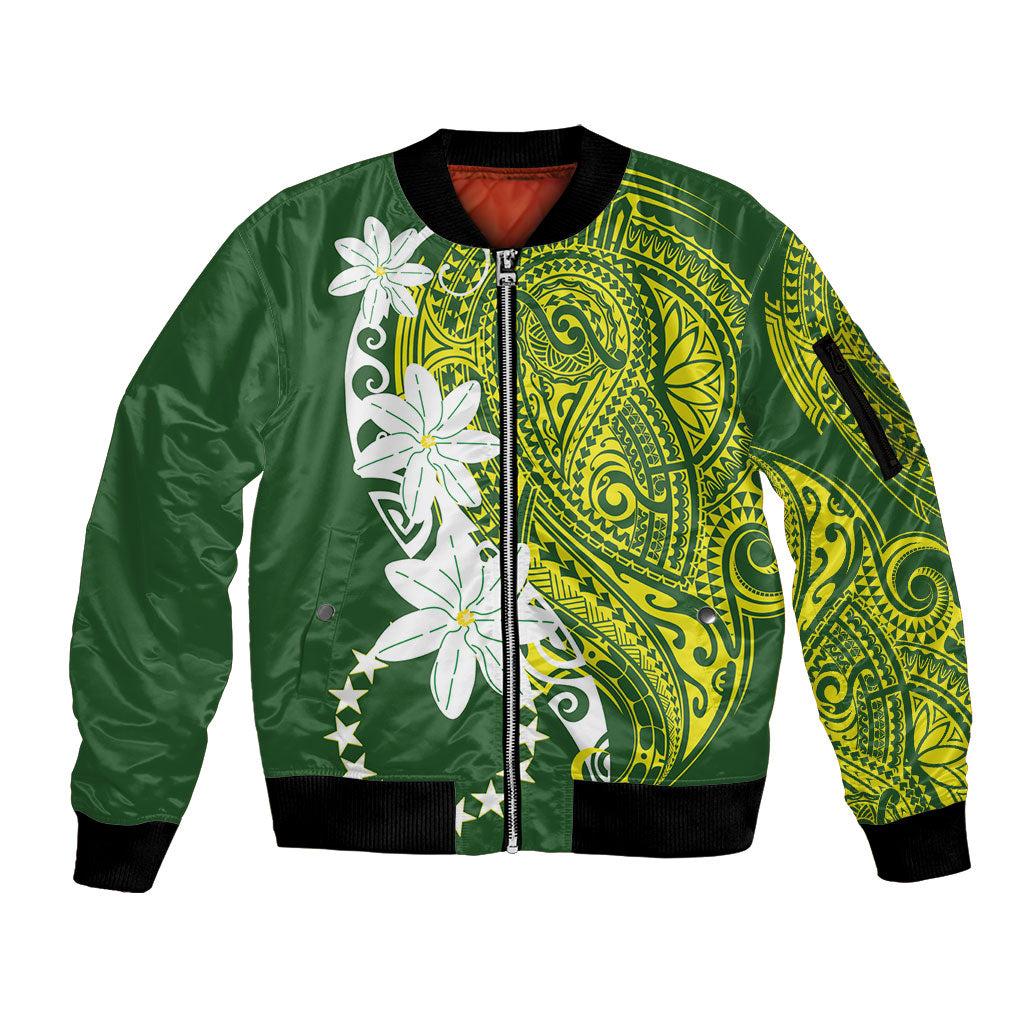 Cook Islands Maori Language Week Sleeve Zip Bomber Jacket Tiare Maori Kuki Airani Green Pattern