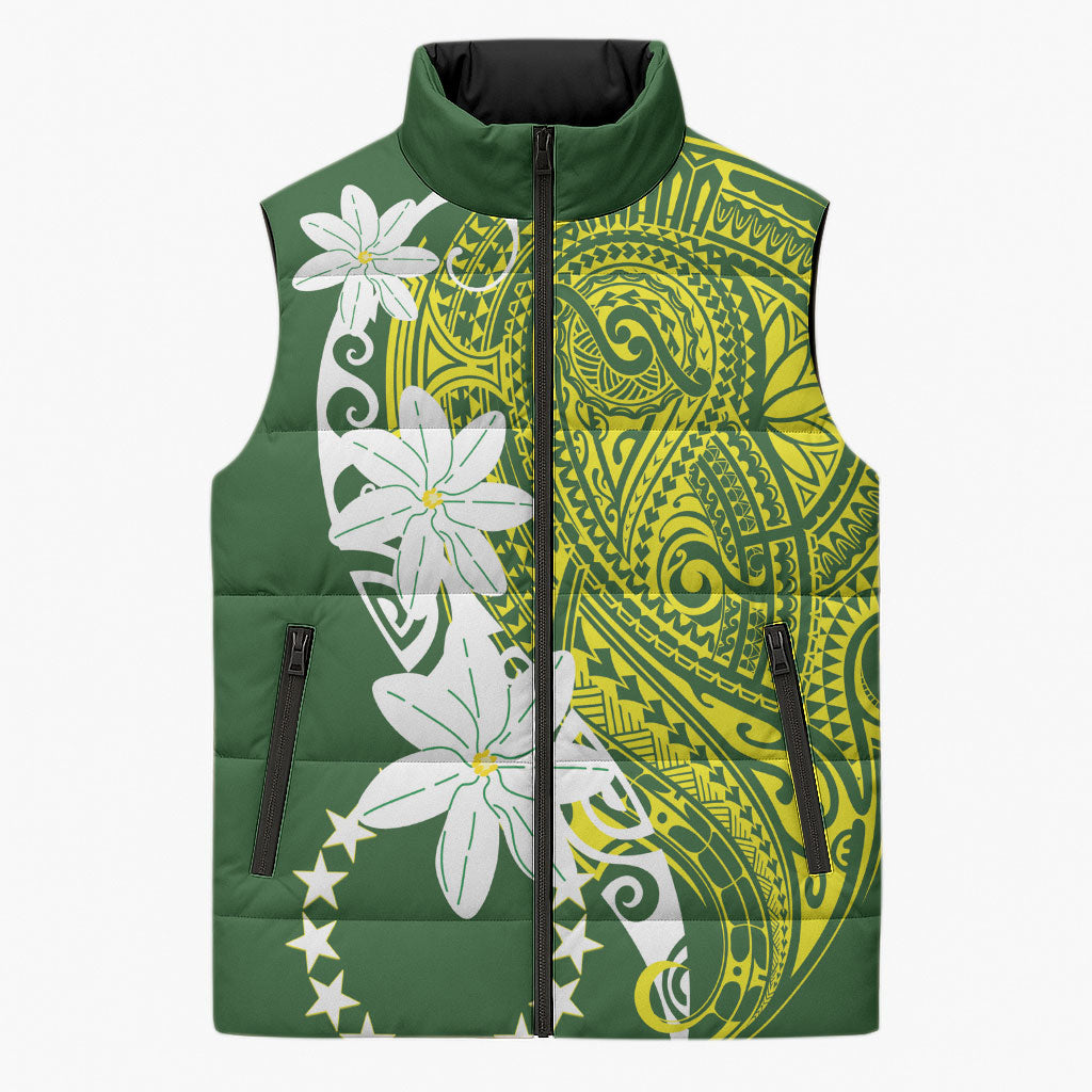 Cook Islands Maori Language Week Sleeveless Puffer Jacket Tiare Maori Kuki Airani Green Pattern