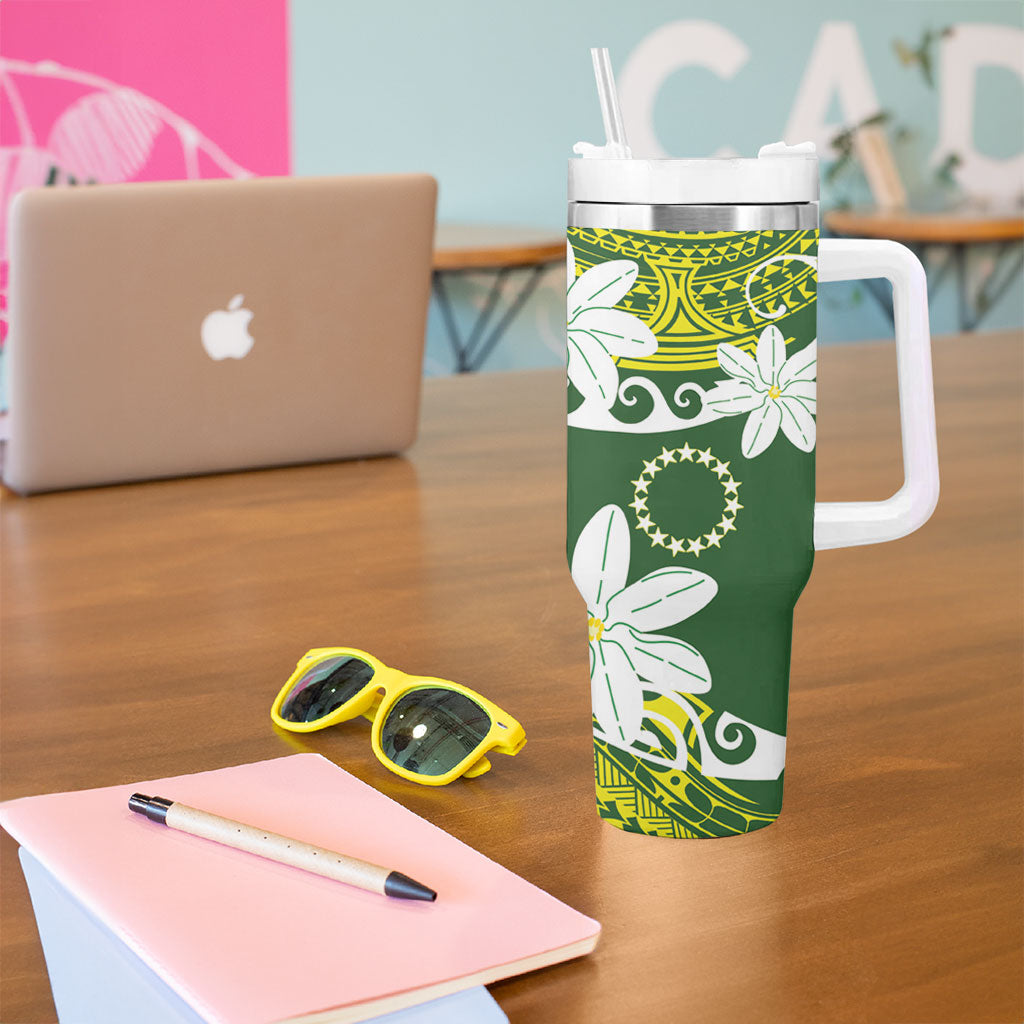 Cook Islands Maori Language Week Tumbler With Handle Tiare Maori Kuki Airani Green Pattern