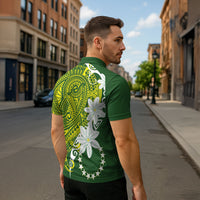Cook Islands Maori Language Week Zipper Polo Shirt Tiare Maori Kuki Airani Green Pattern