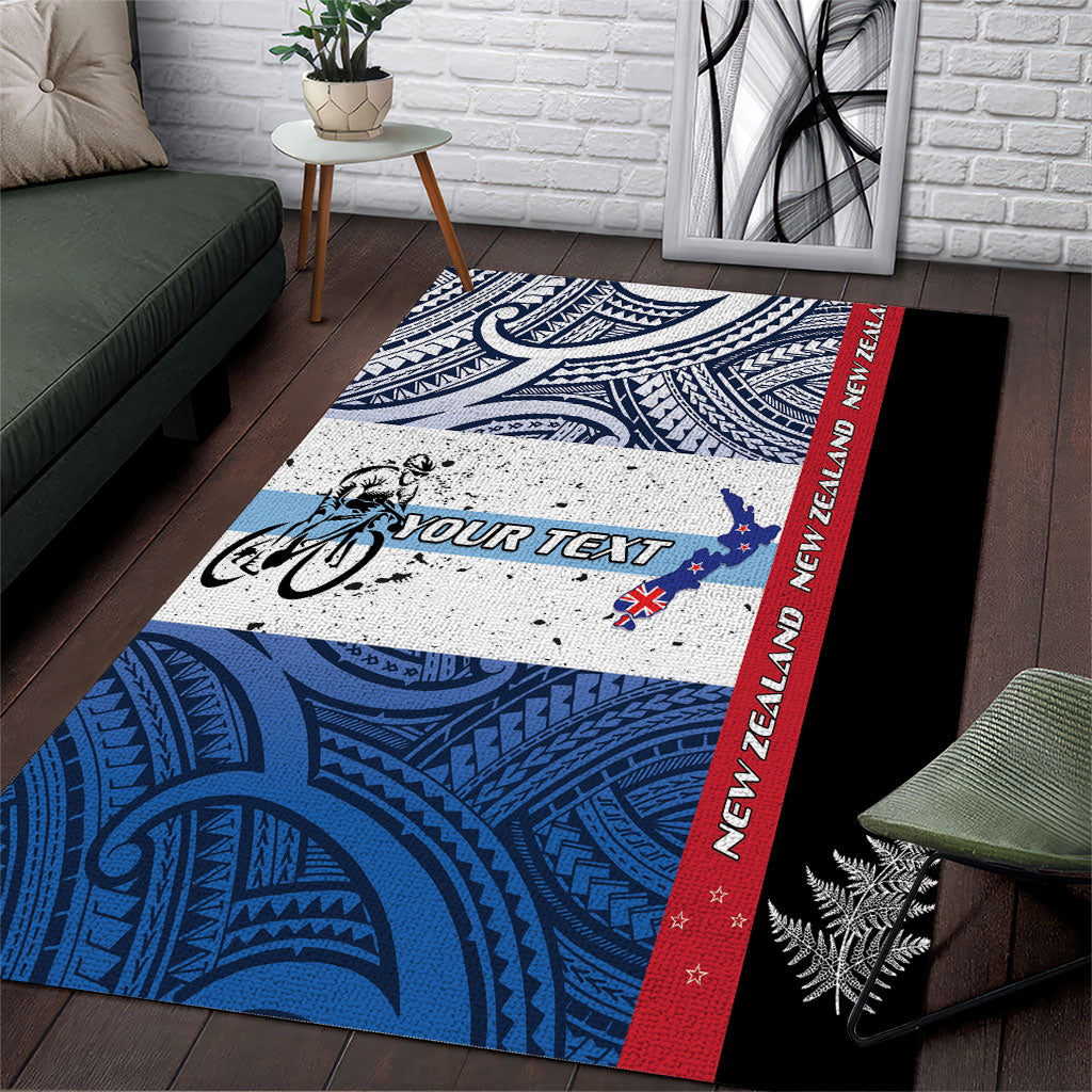 Personalised Cycling New Zealand Area Rug Aotearoa Map Fern Maori Pattern