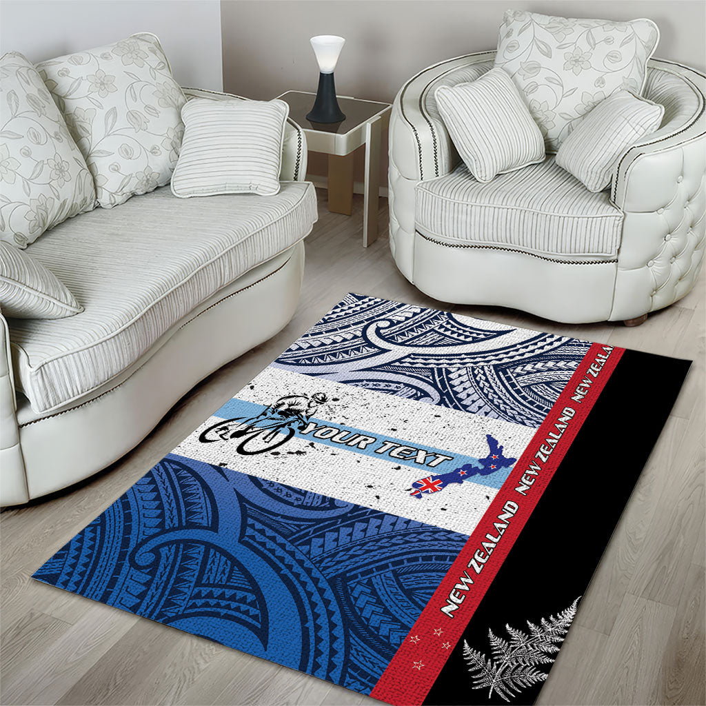 Personalised Cycling New Zealand Area Rug Aotearoa Map Fern Maori Pattern