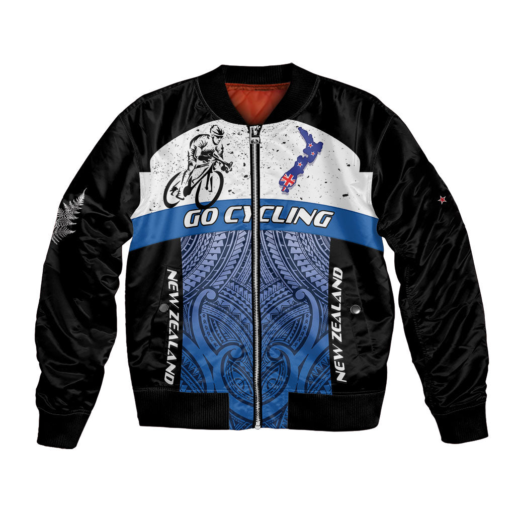 Personalised Cycling New Zealand Bomber Jacket Aotearoa Map Fern Maori Pattern LT22 Unisex Blue - Polynesian Pride