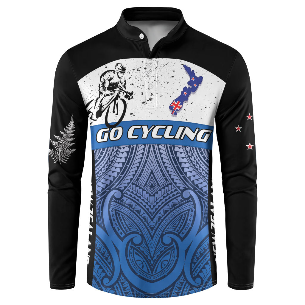 Personalised Cycling New Zealand Button Sweatshirt Aotearoa Map Fern Maori Pattern