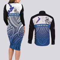 Personalised Cycling New Zealand Couples Matching Long Sleeve Bodycon Dress and Long Sleeve Button Shirt Aotearoa Map Fern Maori Pattern