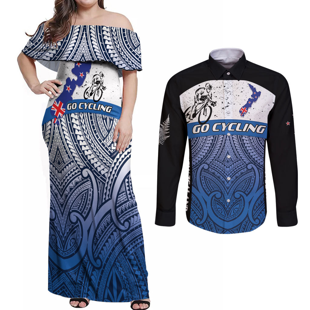 Personalised Cycling New Zealand Couples Matching Off Shoulder Maxi Dress and Long Sleeve Button Shirt Aotearoa Map Fern Maori Pattern