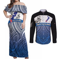 Personalised Cycling New Zealand Couples Matching Off Shoulder Maxi Dress and Long Sleeve Button Shirt Aotearoa Map Fern Maori Pattern
