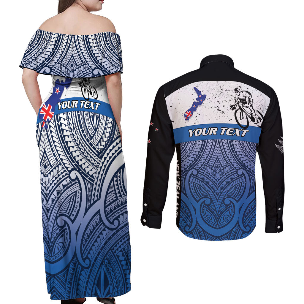 Personalised Cycling New Zealand Couples Matching Off Shoulder Maxi Dress and Long Sleeve Button Shirt Aotearoa Map Fern Maori Pattern