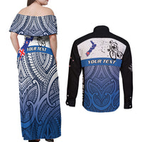 Personalised Cycling New Zealand Couples Matching Off Shoulder Maxi Dress and Long Sleeve Button Shirt Aotearoa Map Fern Maori Pattern