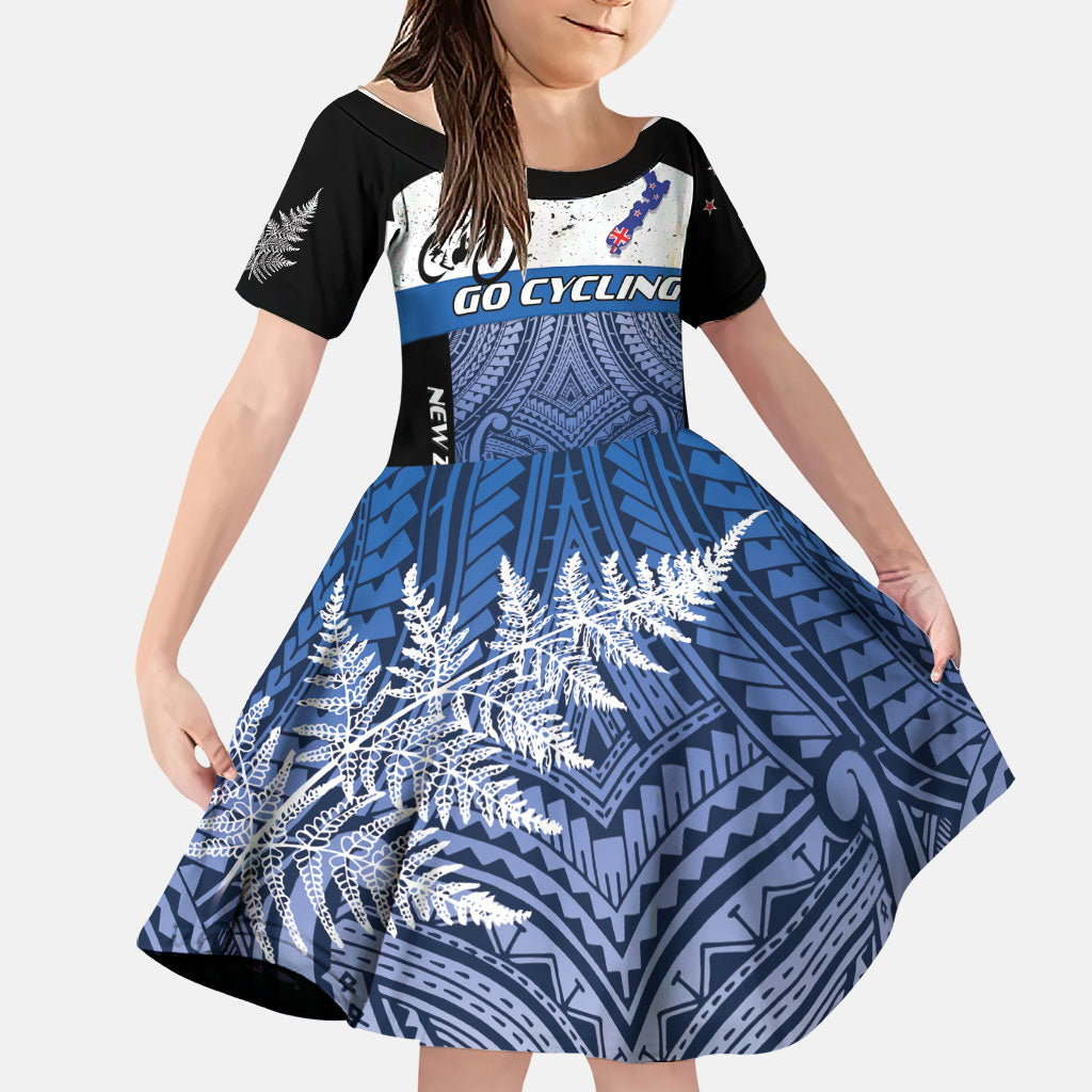 Personalised Cycling New Zealand Family Matching Long Sleeve Bodycon Dress and Hawaiian Shirt Aotearoa Map Fern Maori Pattern LT22 Daughter's Dress Blue - Polynesian Pride