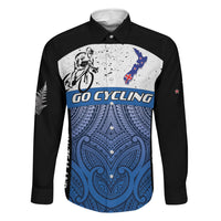 Personalised Cycling New Zealand Family Matching Long Sleeve Bodycon Dress and Hawaiian Shirt Aotearoa Map Fern Maori Pattern LT22 Dad's Shirt - Long Sleeve Blue - Polynesian Pride