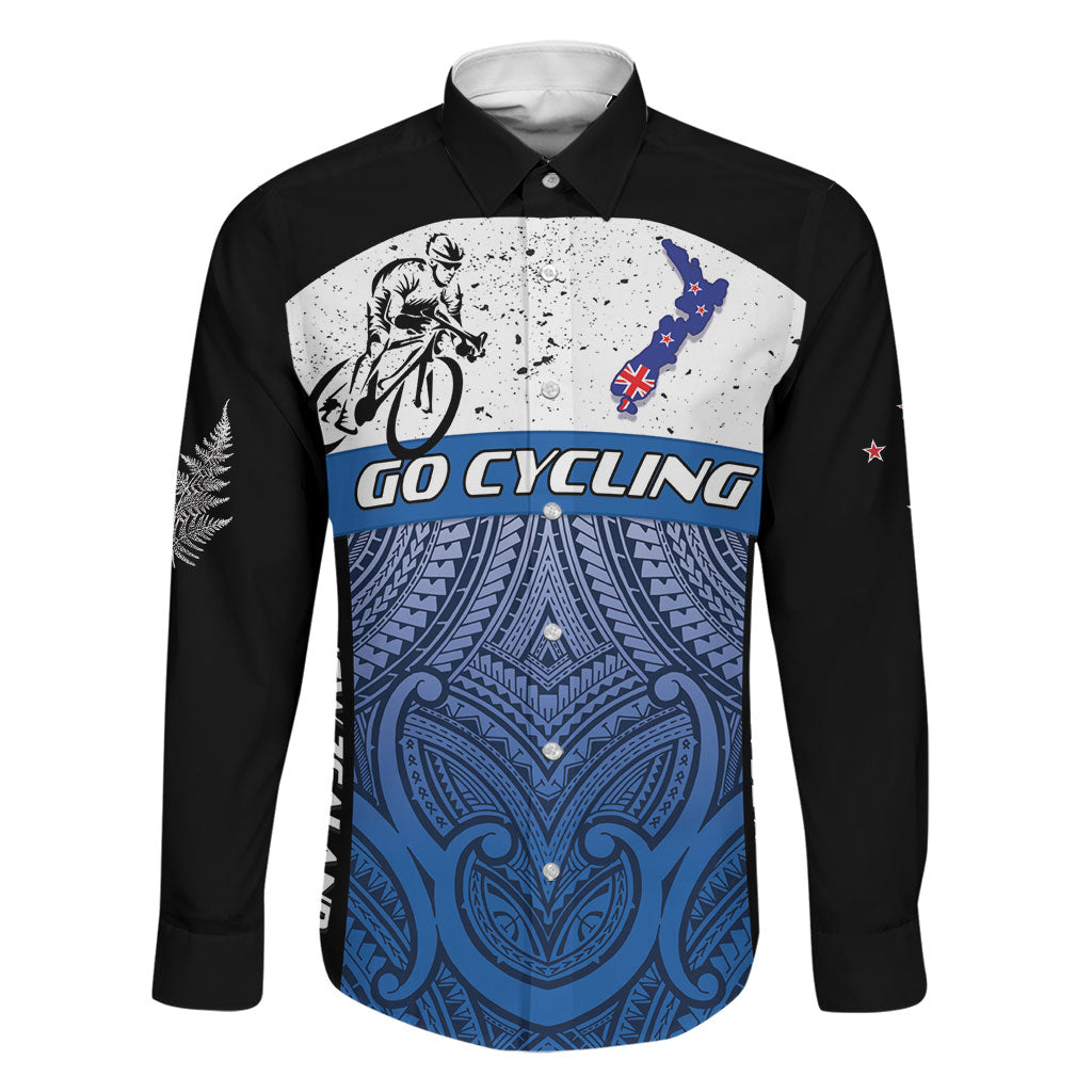 Personalised Cycling New Zealand Family Matching Off The Shoulder Long Sleeve Dress and Hawaiian Shirt Aotearoa Map Fern Maori Pattern LT22 Dad's Shirt - Long Sleeve Blue - Polynesian Pride