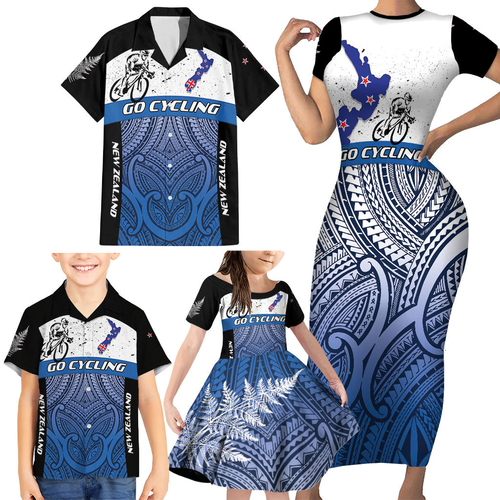 Personalised Cycling New Zealand Family Matching Short Sleeve Bodycon Dress and Hawaiian Shirt Aotearoa Map Fern Maori Pattern