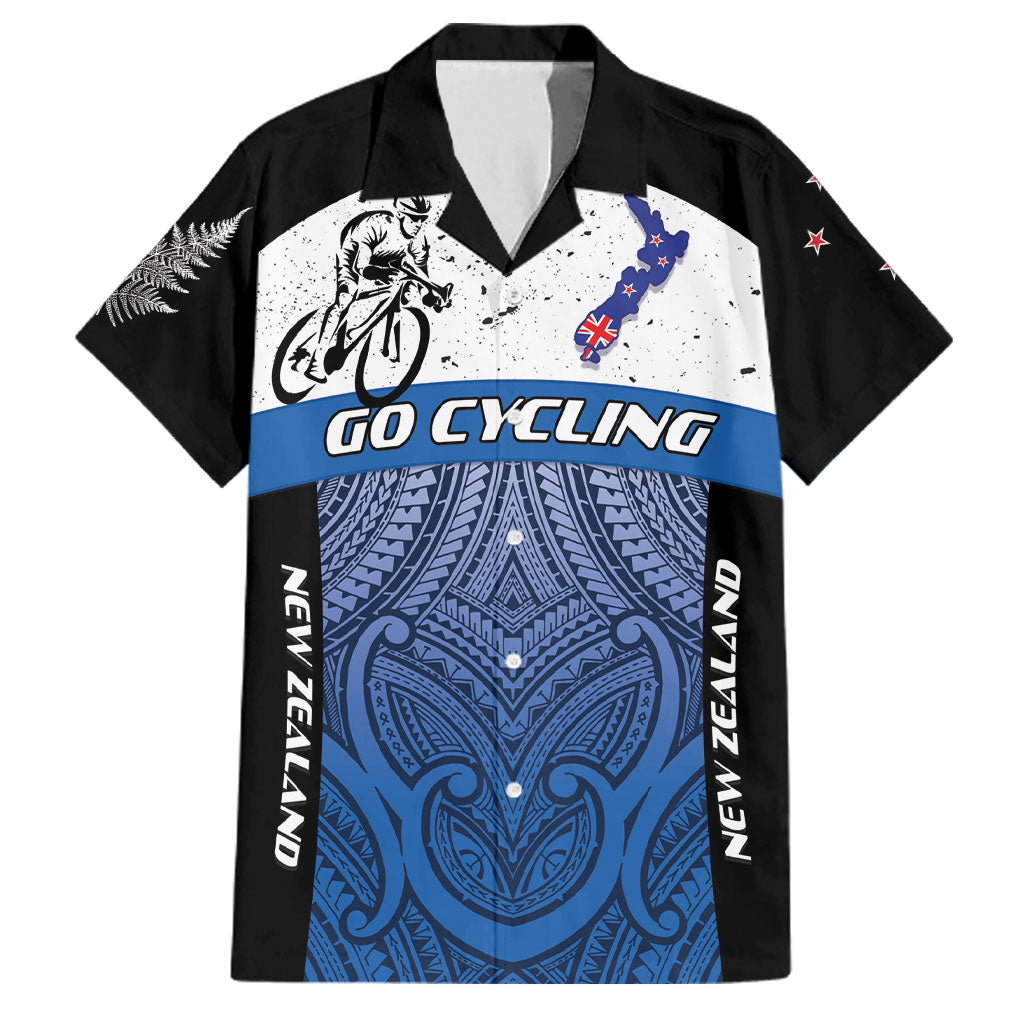 Personalised Cycling New Zealand Family Matching Short Sleeve Bodycon Dress and Hawaiian Shirt Aotearoa Map Fern Maori Pattern LT22 Dad's Shirt - Short Sleeve Blue - Polynesian Pride