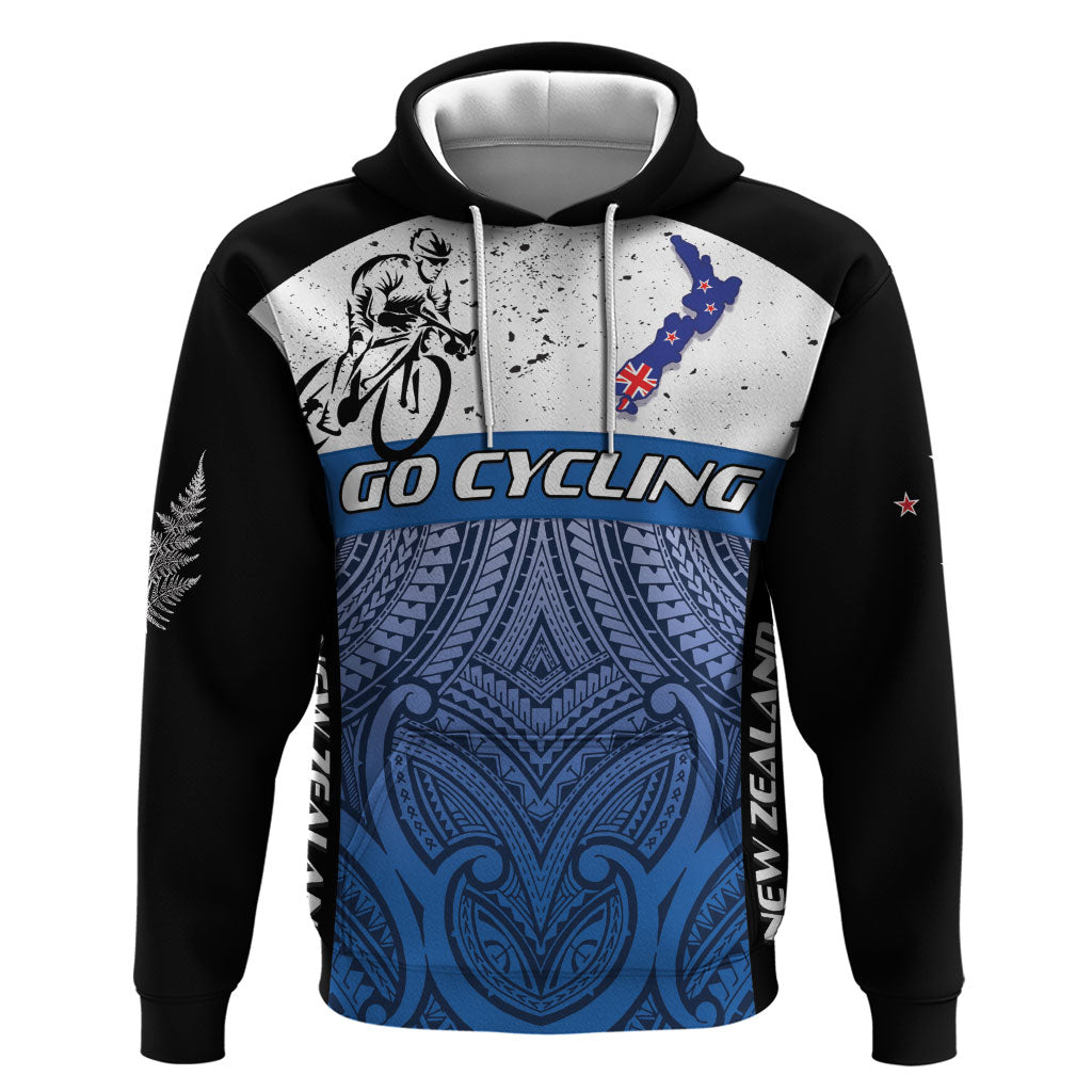 Personalised Cycling New Zealand Hoodie Aotearoa Map Fern Maori Pattern LT22 Pullover Hoodie Blue - Polynesian Pride