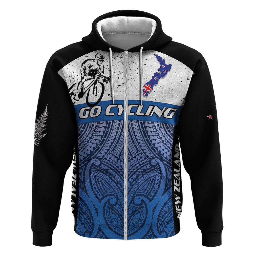 Personalised Cycling New Zealand Hoodie Aotearoa Map Fern Maori Pattern LT22 Zip Hoodie Blue - Polynesian Pride