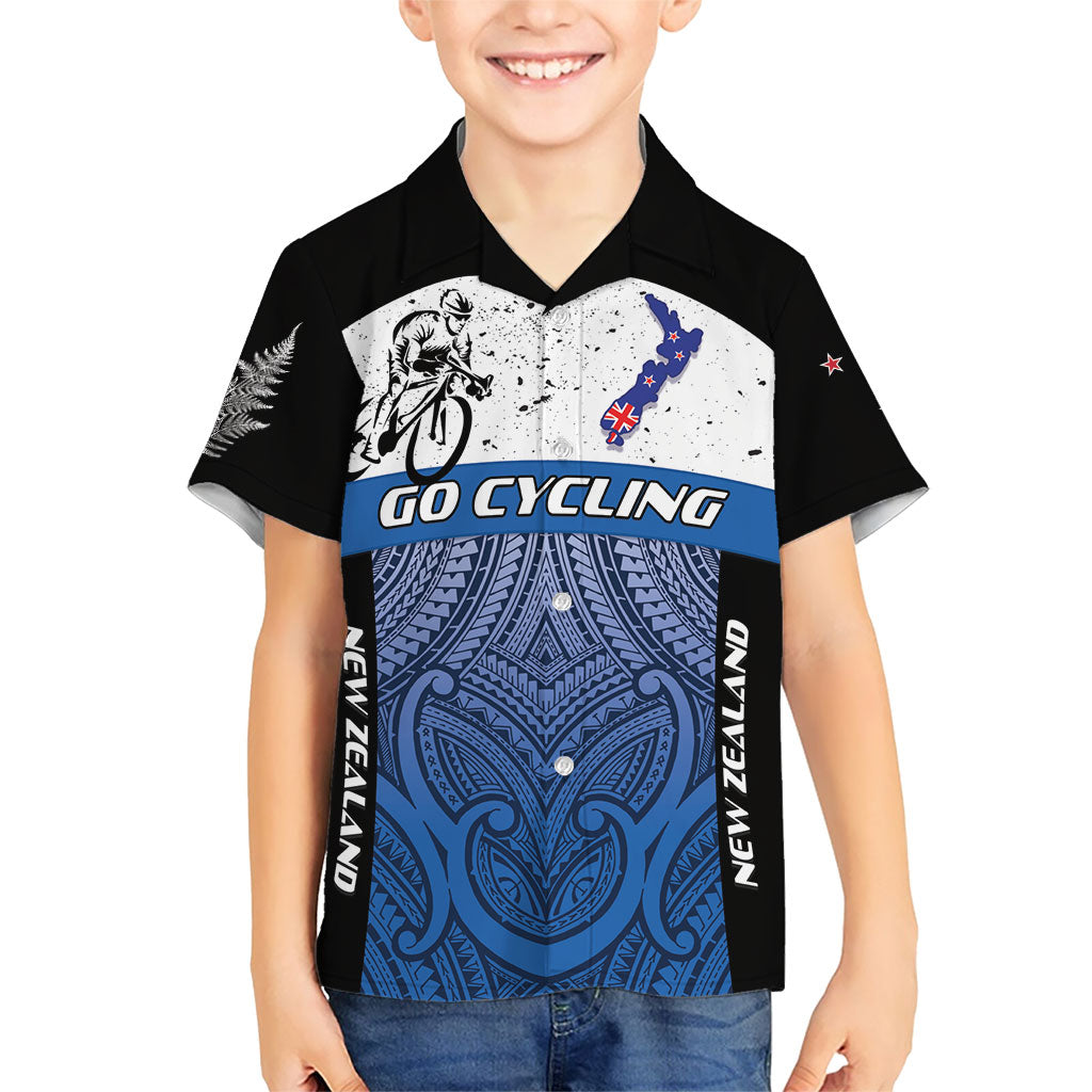 Personalised Cycling New Zealand Kid Hawaiian Shirt Aotearoa Map Fern Maori Pattern