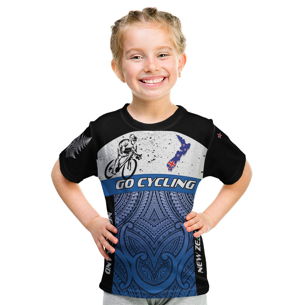 Personalised Cycling New Zealand Kid T Shirt Aotearoa Map Fern Maori Pattern