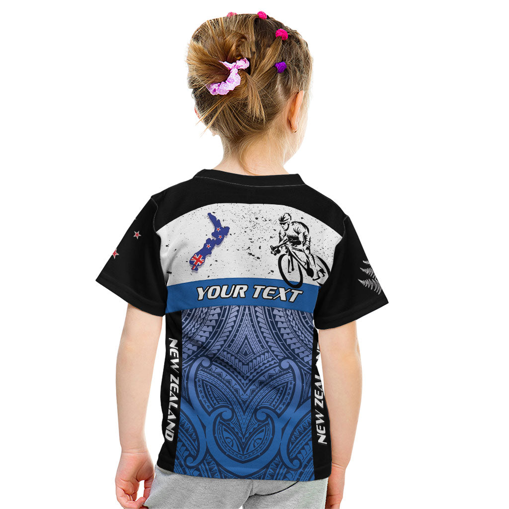 Personalised Cycling New Zealand Kid T Shirt Aotearoa Map Fern Maori Pattern LT22 - Polynesian Pride