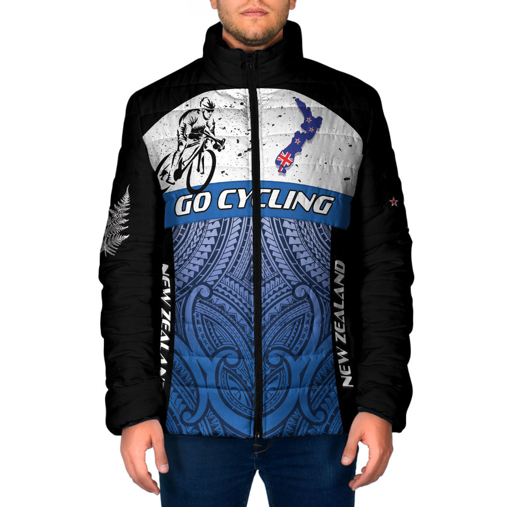Personalised Cycling New Zealand Padded Jacket Aotearoa Map Fern Maori Pattern