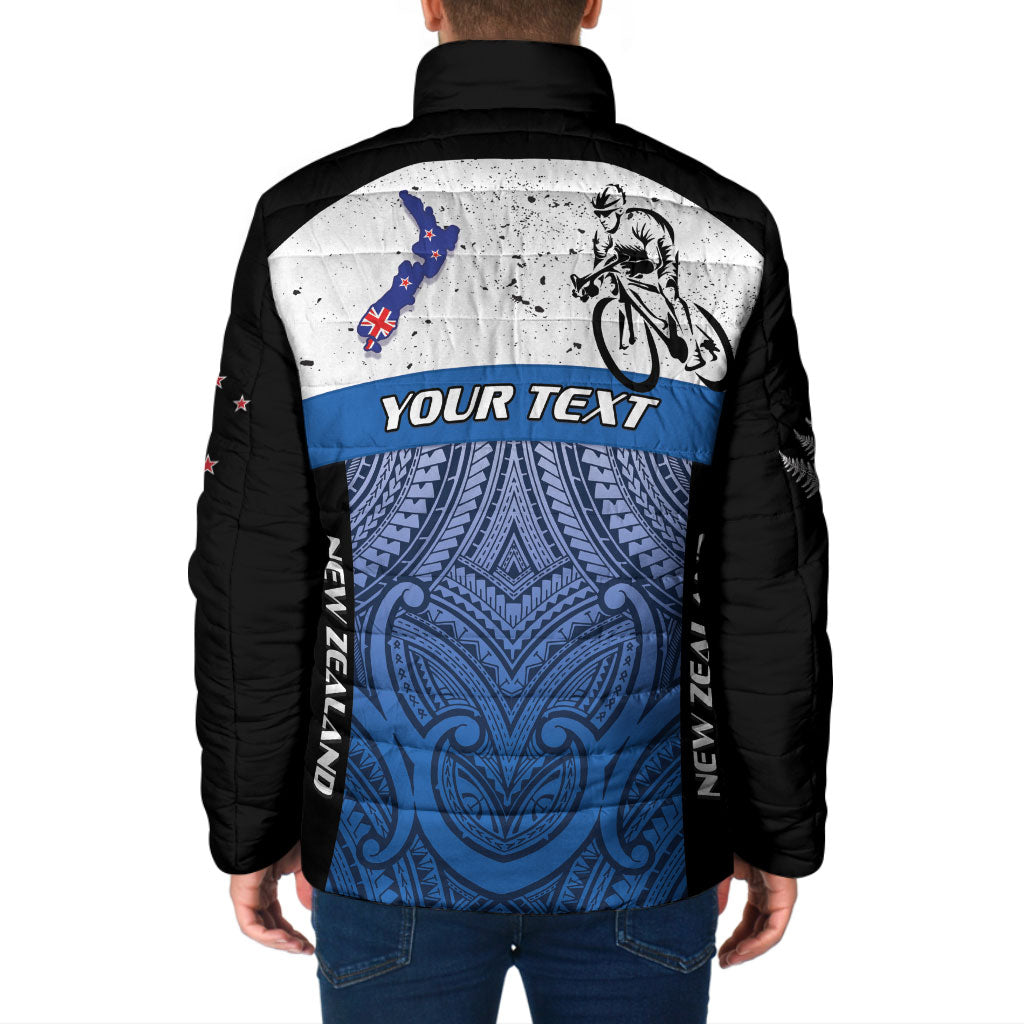 Personalised Cycling New Zealand Padded Jacket Aotearoa Map Fern Maori Pattern