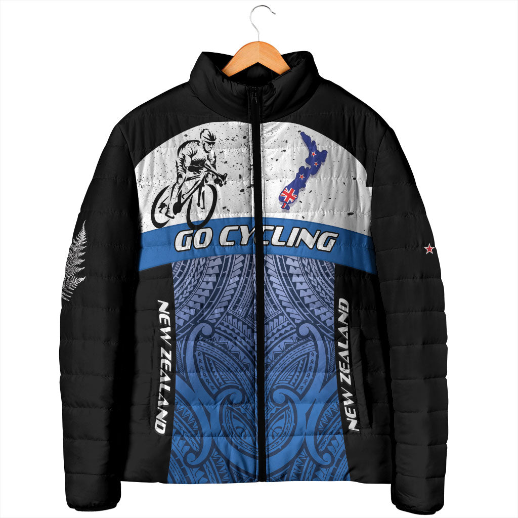 Personalised Cycling New Zealand Padded Jacket Aotearoa Map Fern Maori Pattern