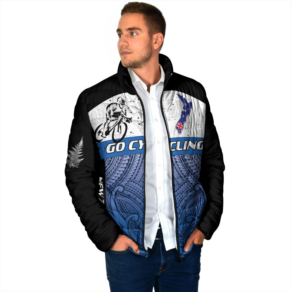Personalised Cycling New Zealand Padded Jacket Aotearoa Map Fern Maori Pattern