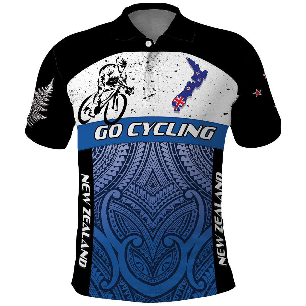 Personalised Cycling New Zealand Polo Shirt Aotearoa Map Fern Maori Pattern LT22 Blue - Polynesian Pride