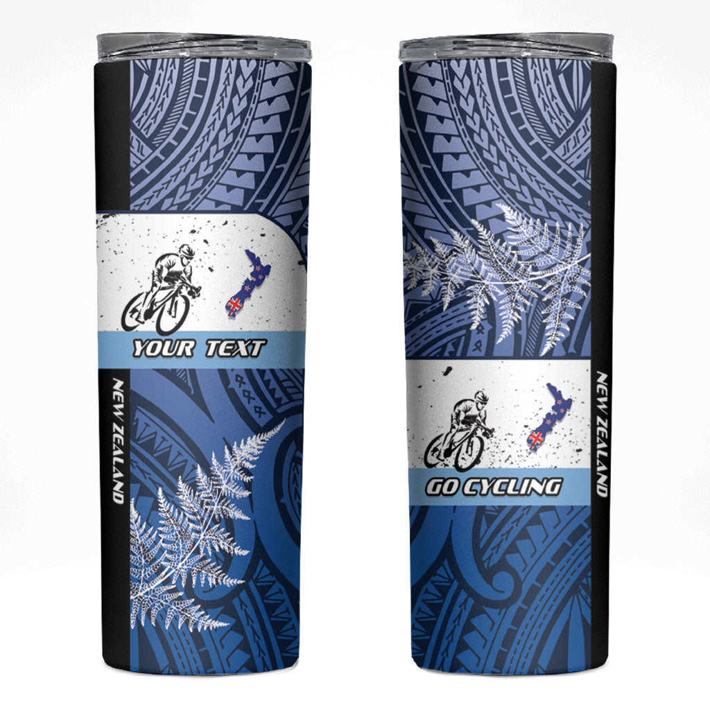 Personalised Cycling New Zealand Skinny Tumbler Aotearoa Map Fern Maori Pattern LT22 Blue - Polynesian Pride