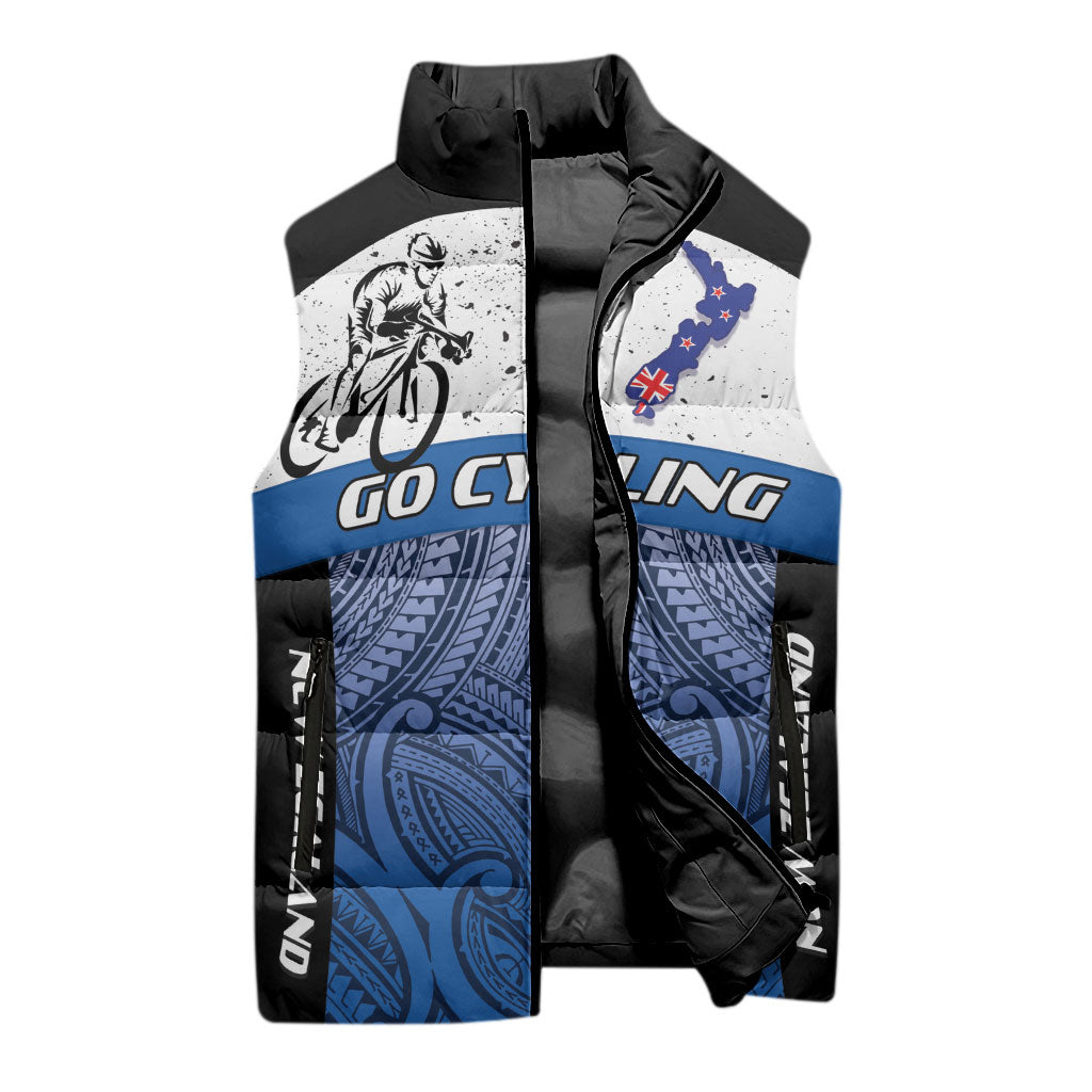 Personalised Cycling New Zealand Sleeveless Puffer Jacket Aotearoa Map Fern Maori Pattern LT22 - Polynesian Pride