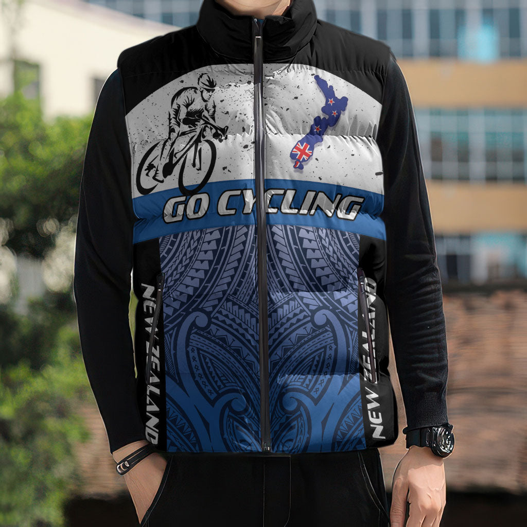 Personalised Cycling New Zealand Sleeveless Puffer Jacket Aotearoa Map Fern Maori Pattern LT22 - Polynesian Pride