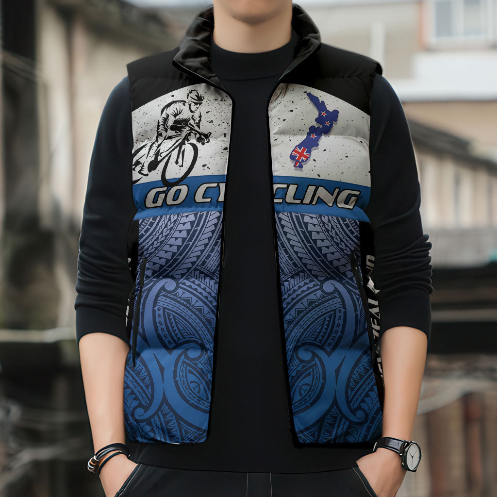 Personalised Cycling New Zealand Sleeveless Puffer Jacket Aotearoa Map Fern Maori Pattern LT22 - Polynesian Pride