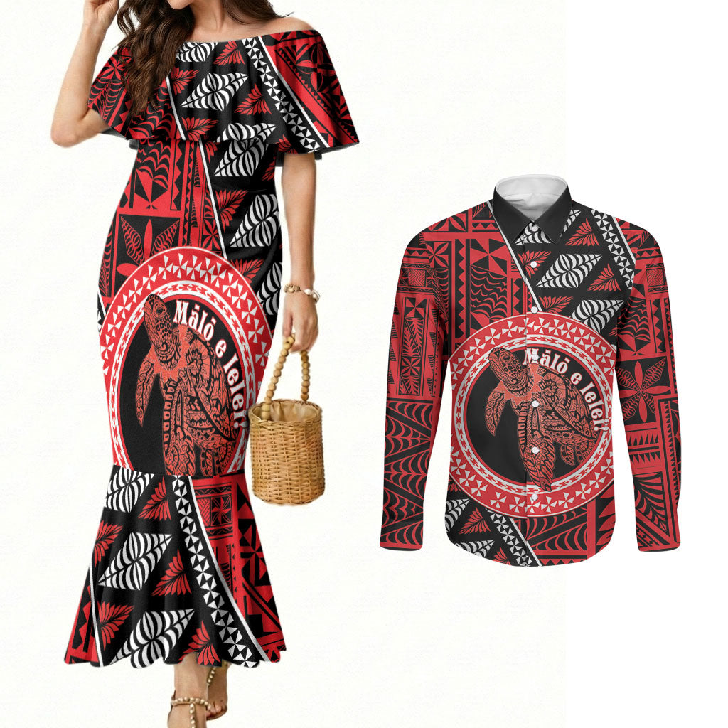Personalised Tonga Language Week Couples Matching Mermaid Dress and Long Sleeve Button Shirt Heilala Turtle Malo E Lelei LT22 Red - Polynesian Pride