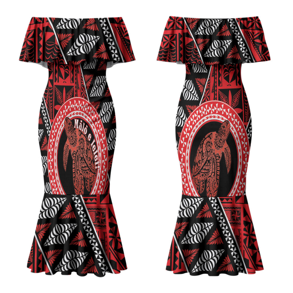 Personalised Tonga Language Week Couples Matching Mermaid Dress and Long Sleeve Button Shirt Heilala Turtle Malo E Lelei
